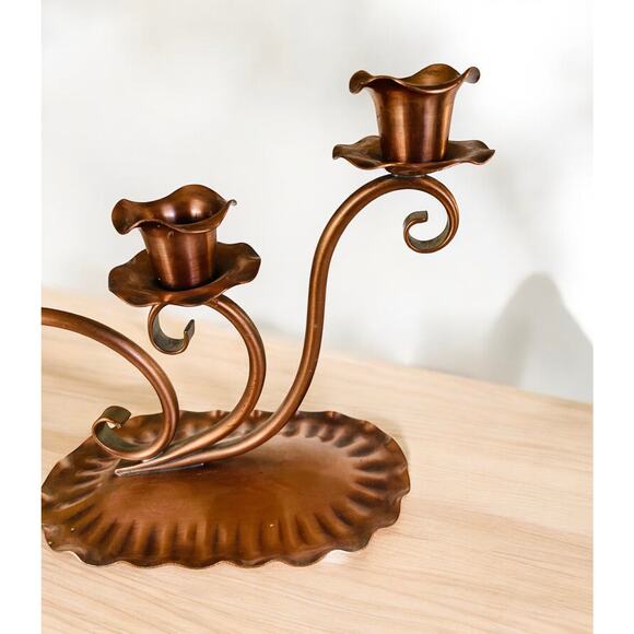 VINTAGE Gregorian Copper Scroll Double Taper MCM Candle Holder w/ Snuffer Decor - Picture 3 of 6